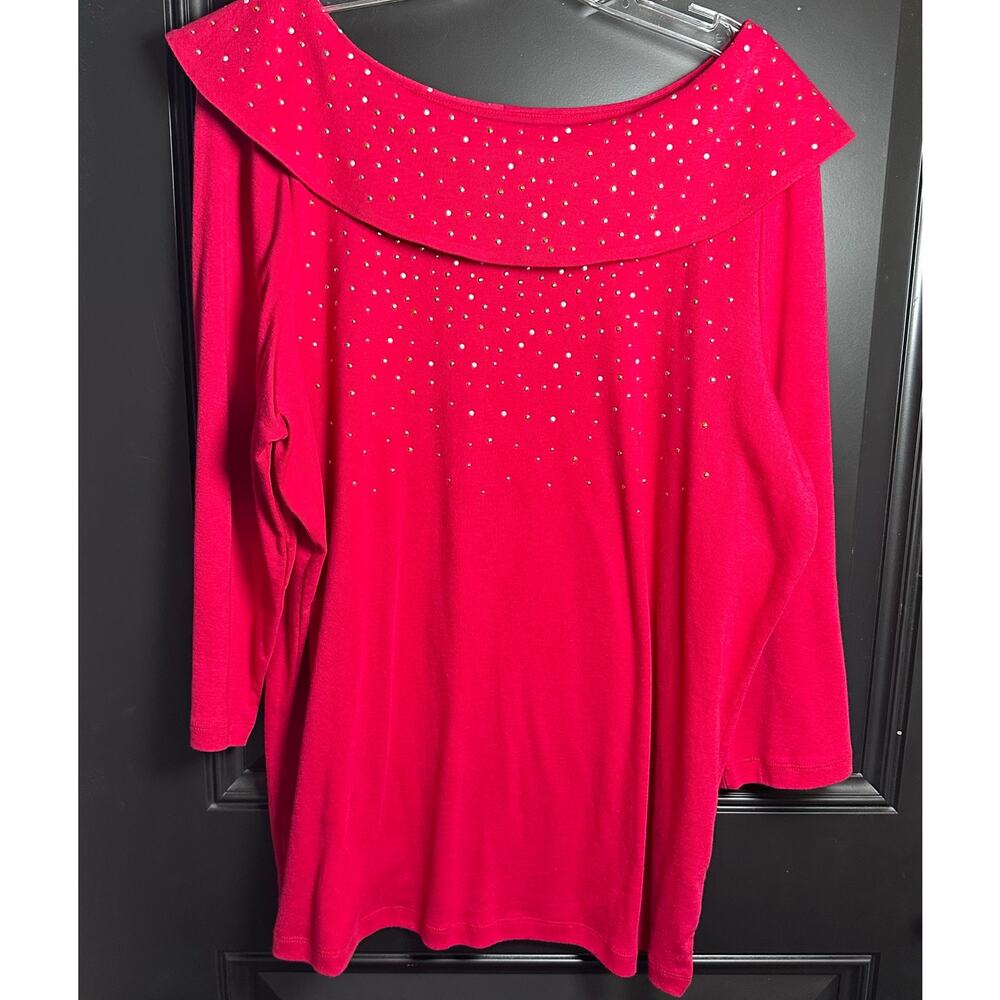 Kim Rogers Red Studded 3/4 Sleeve Boat Neck Blouse Women's Size 1X Gold Silver